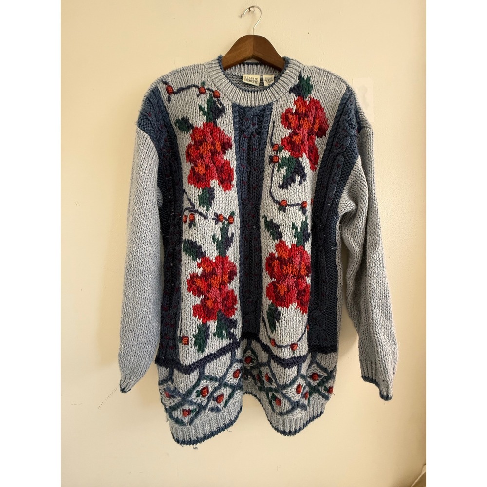 Classic Elements Vintage Floral Cable Knit Sweater Blue Red Ramie Blend Medium